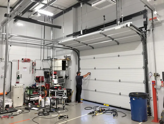 Cheshire Garage Door Repair certified technician performing commercial door repair at a Cheshire business facility