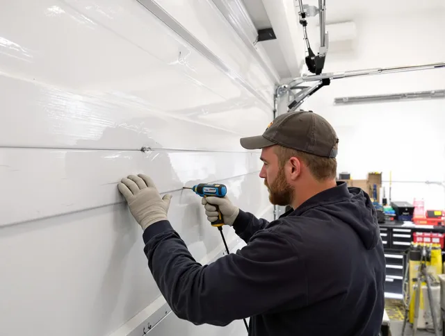 Cheshire Garage Door Repair technician demonstrating precision dent removal techniques on a Cheshire garage door