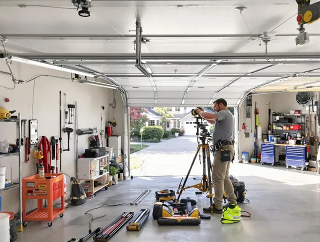 Cheshire Garage Door Repair specialist performing laser-guided track alignment in Cheshire